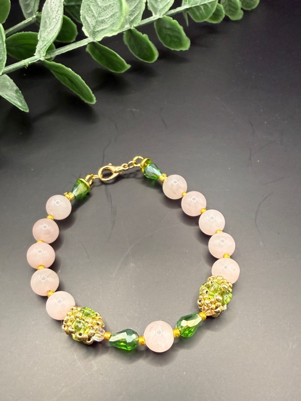 Handmade Rose Quartz and Green Crystal Beaded Bracelet